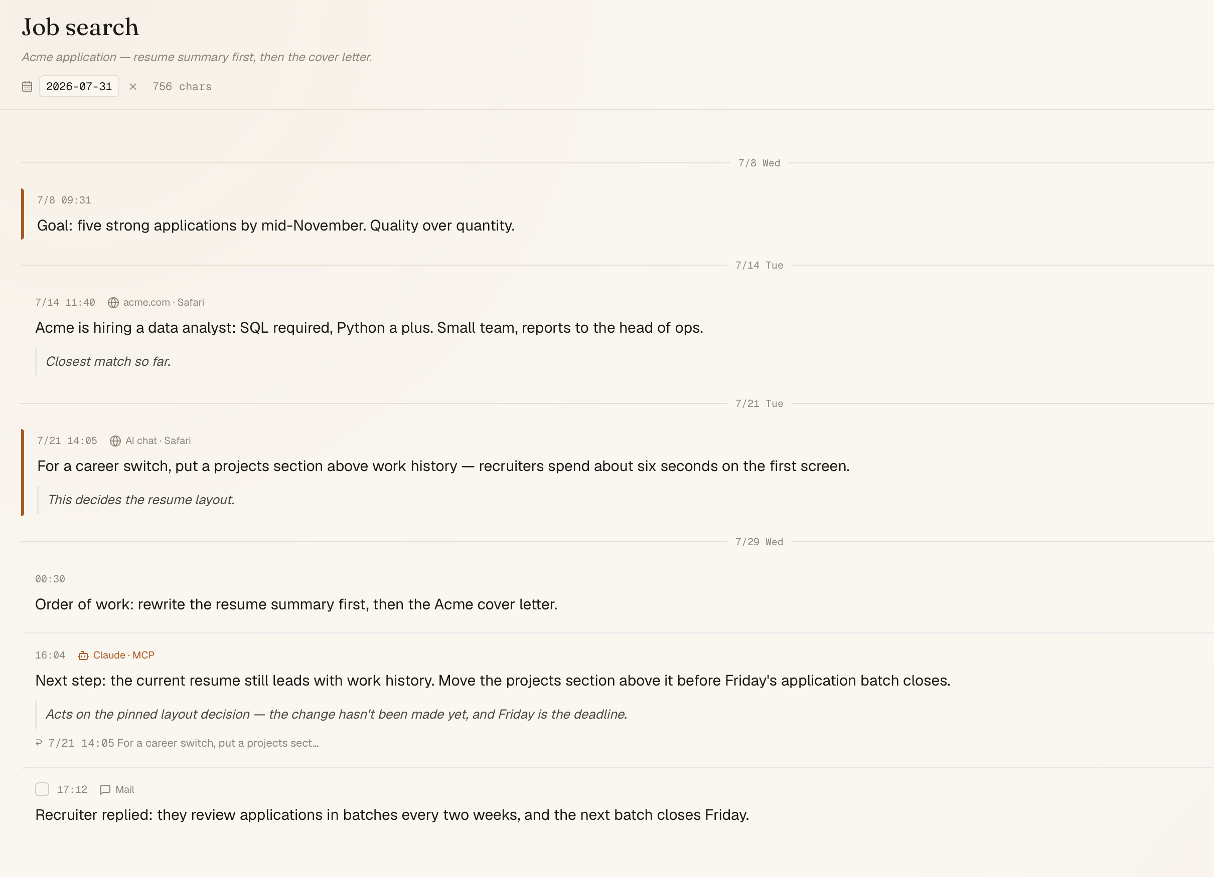 A Spool thread holding six blocks — a pinned goal, a captured job posting, an answer from an AI chat, the user's own note, a conclusion filed by an AI client and badged Claude · MCP, and an email