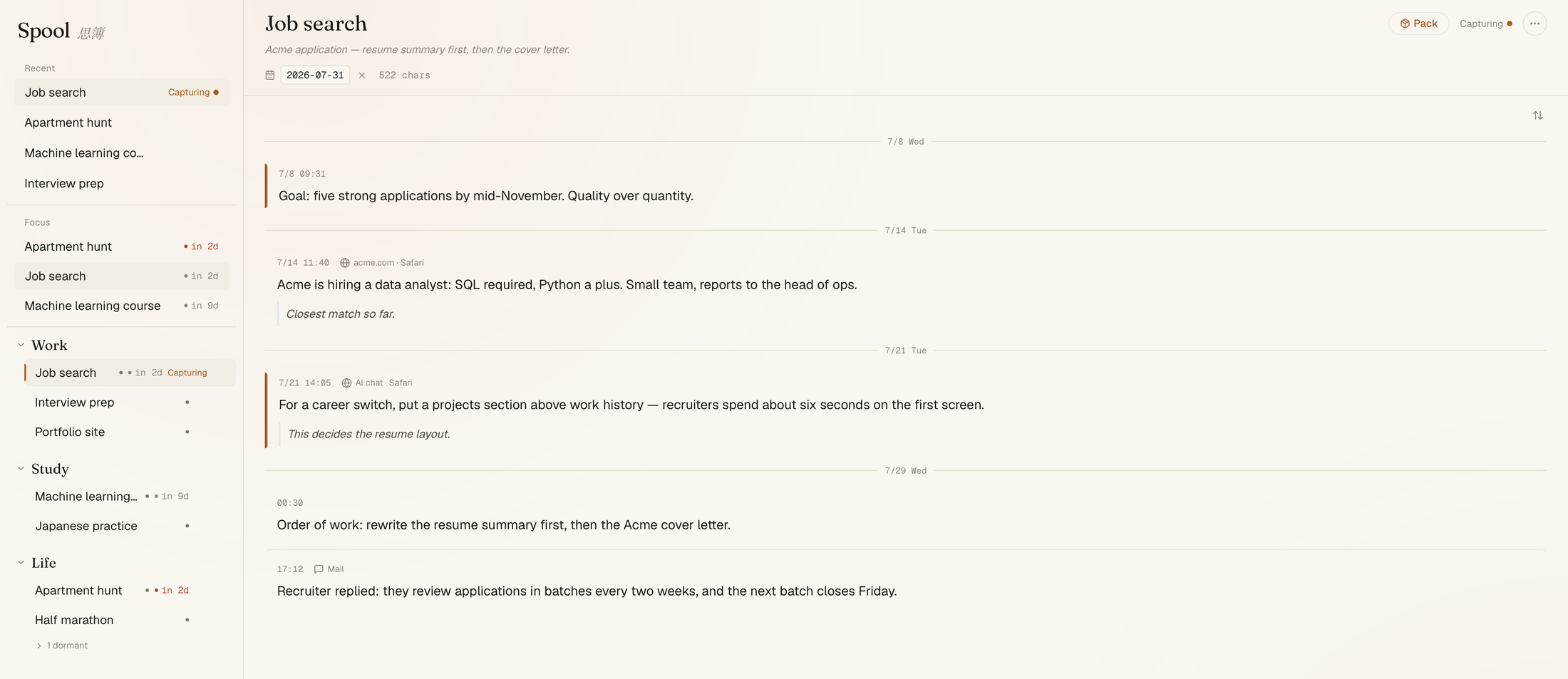 The Spool window: a list of workspaces and projects on the left, and on the right a project holding notes with their times, sources and the user's own comments