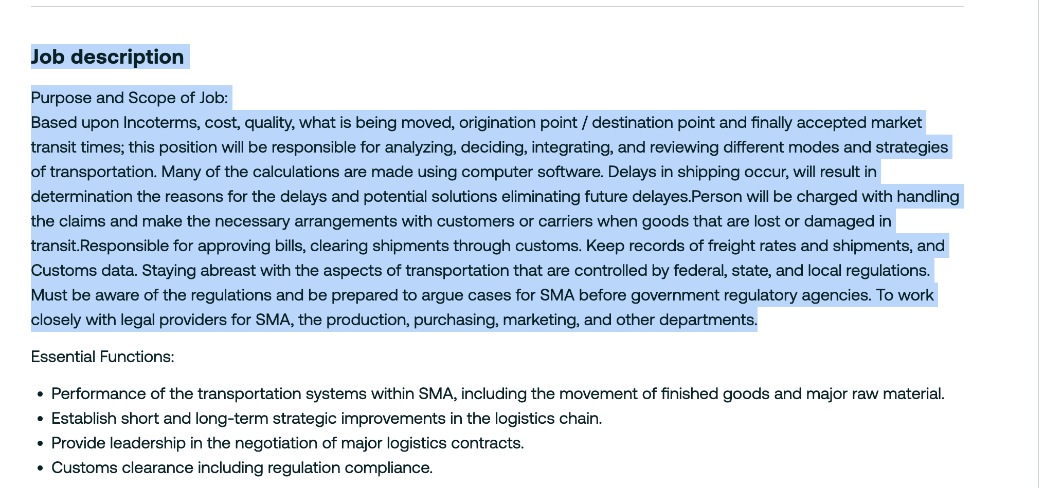 A job posting in the browser, with the paragraph that matters selected in blue