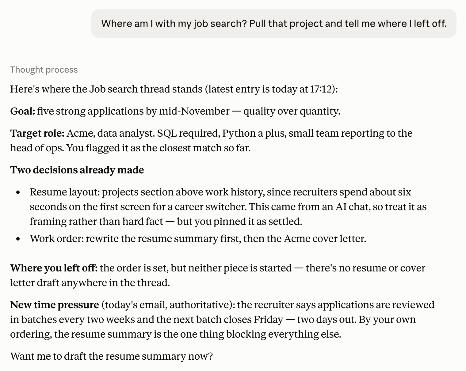 An AI app summarising where a project stands, drawing on notes saved on different days from different places