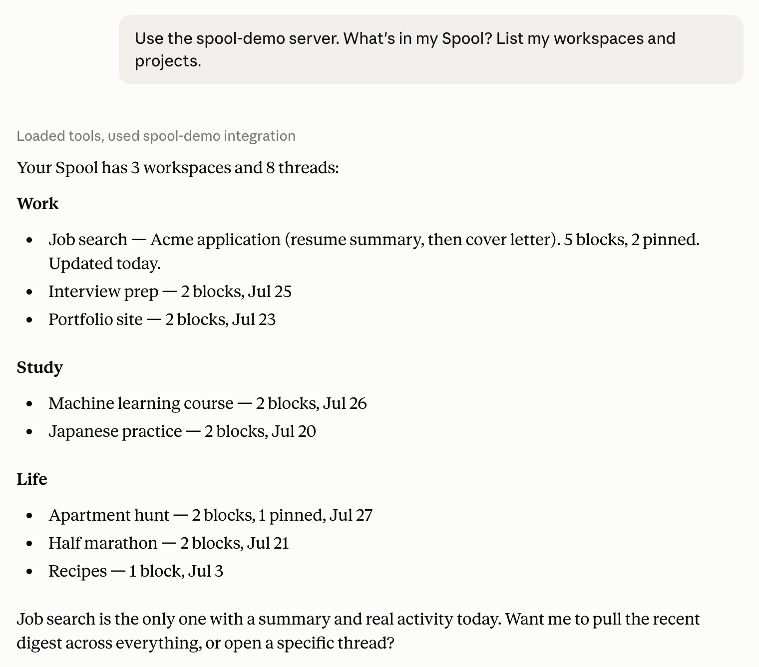 An AI app listing the Spool library: workspaces for work, study and life, each with its projects and how many notes they hold