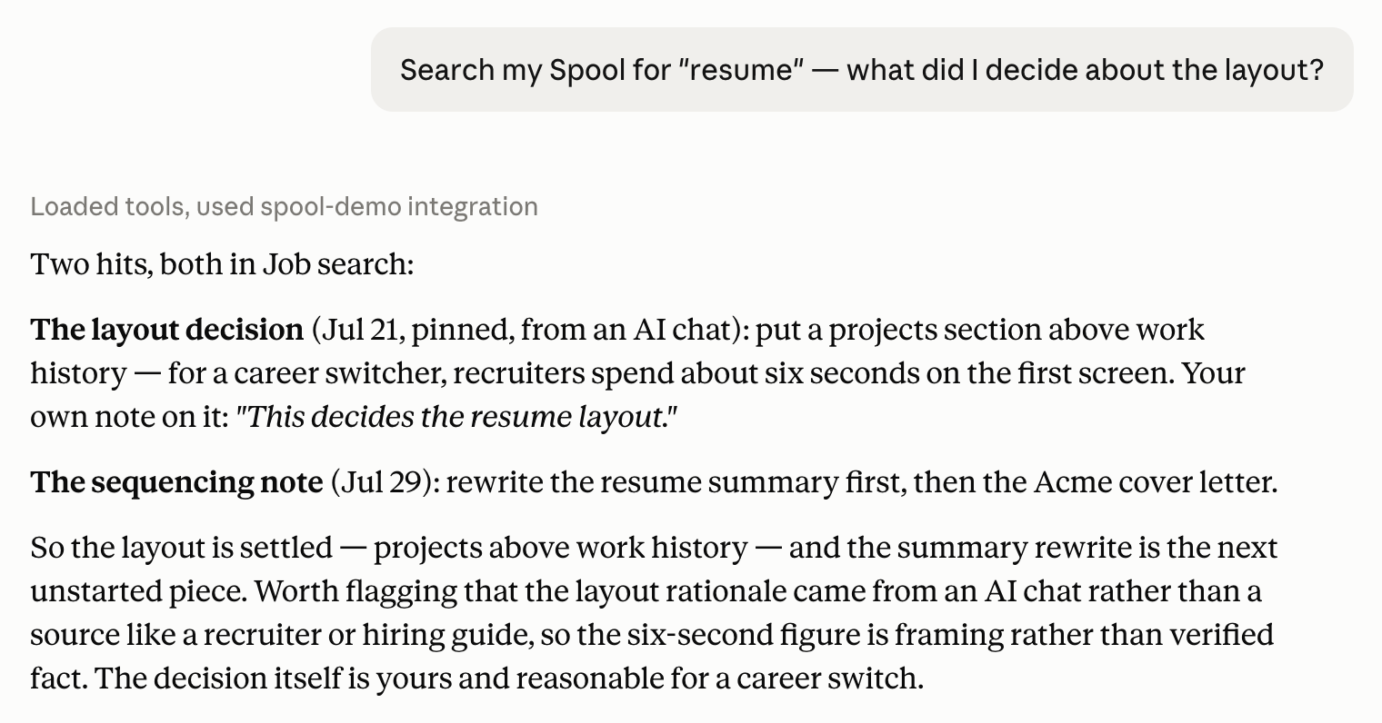 Search results from the Spool library, each result labelled with its date, its source, and whether the user wrote it themselves
