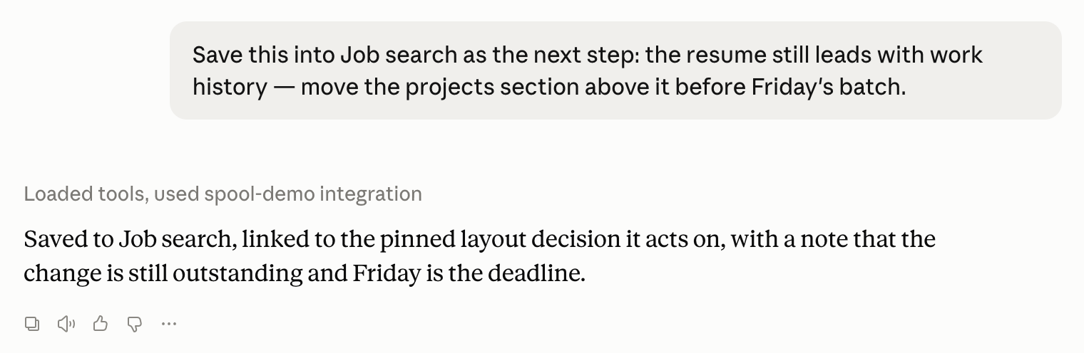 An AI app confirming that it saved a conclusion into the project, with a short reason and a link to the note it builds on