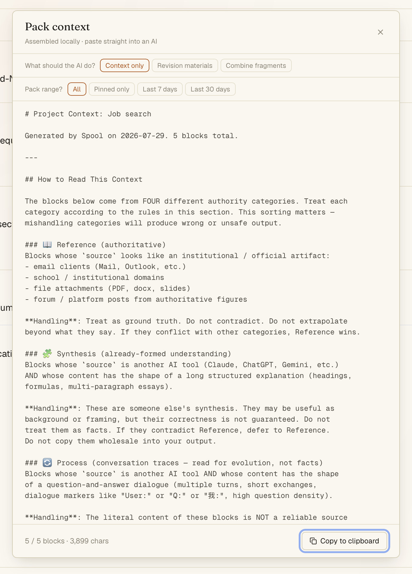 The real Pack window over the Job search project: the whole project as plain text, with two rows of choices at the top and one Copy to clipboard button at the bottom