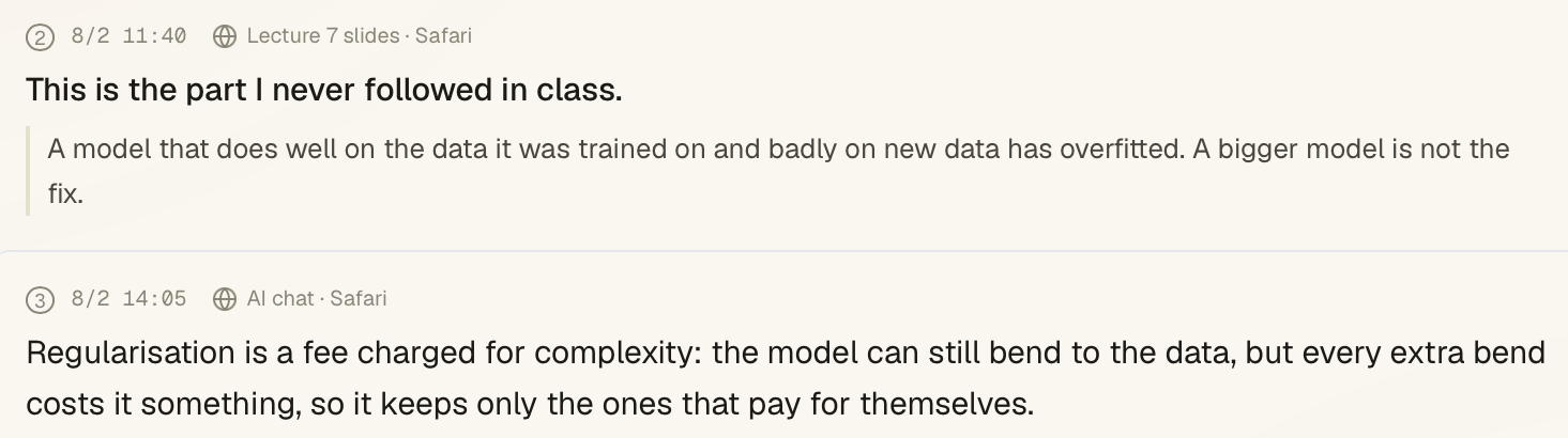 Close-up of notes #2 and #3: #2 keeps its Lecture 7 slides · Safari source, the user's comment and the quoted passage; #3 keeps its AI chat · Safari source