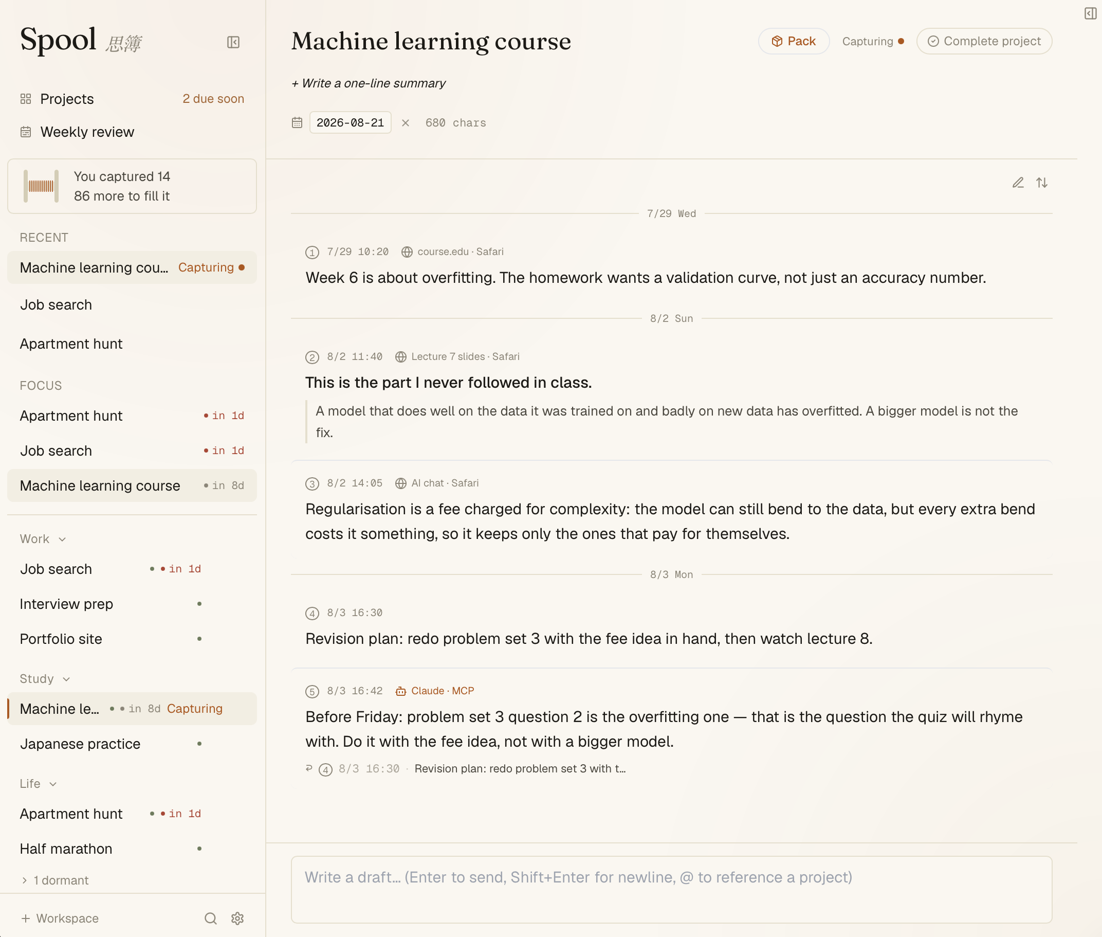 The complete Spool window: workspaces, projects and the saved-count panel on the left, with one project's chronological notes on the right